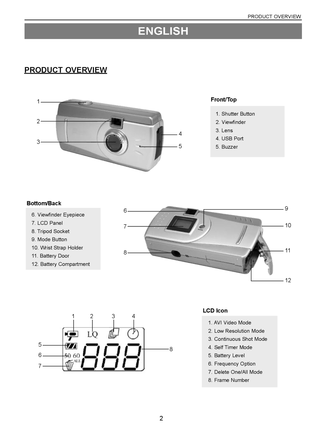 Concord Camera VGA manual Product Overview, Front/Top, Bottom/Back, LCD Icon 