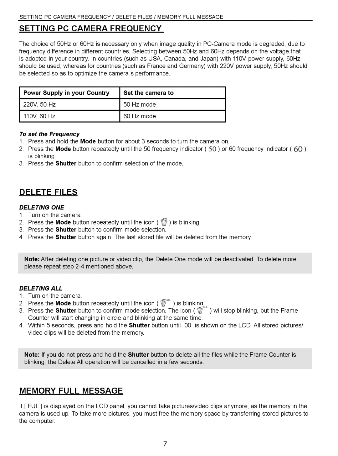 Concord Camera VGA manual Setting PC Camera Frequency, Delete Files, Memory Full Message, To set the Frequency 