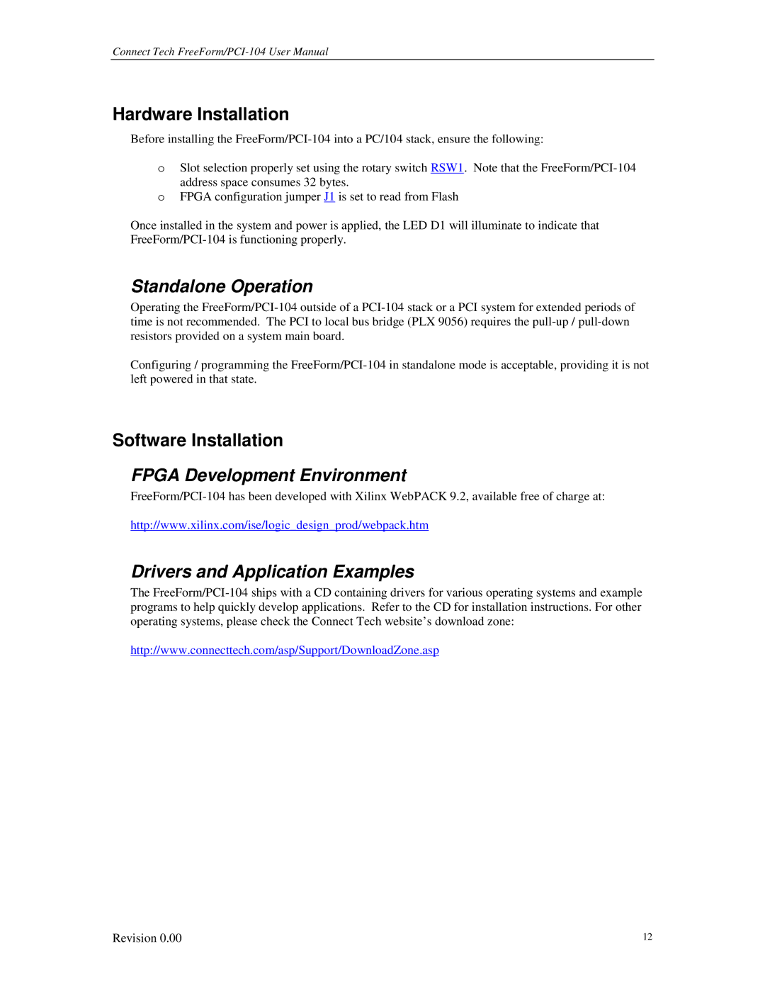 Connect Tech 104 Hardware Installation, Standalone Operation, Software Installation, Fpga Development Environment 