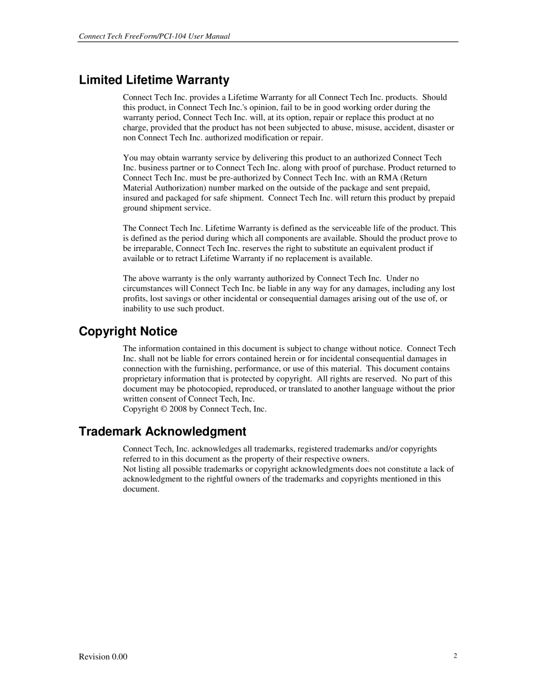 Connect Tech 104 user manual Limited Lifetime Warranty, Copyright Notice, Trademark Acknowledgment 