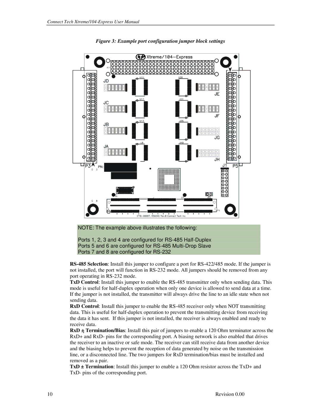 Connect Tech 104 user manual Example port configuration jumper block settings 