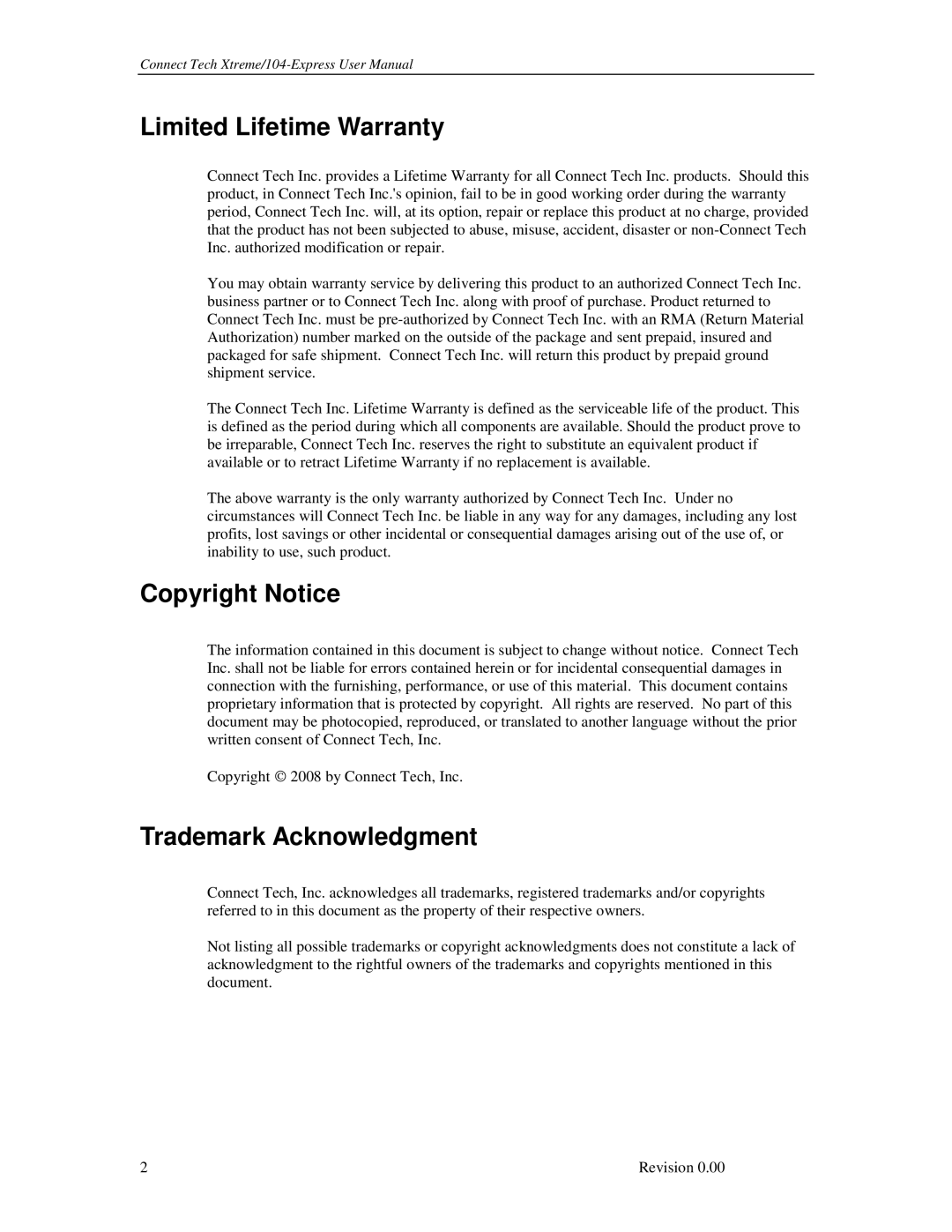 Connect Tech 104 user manual Limited Lifetime Warranty, Copyright Notice, Trademark Acknowledgment 