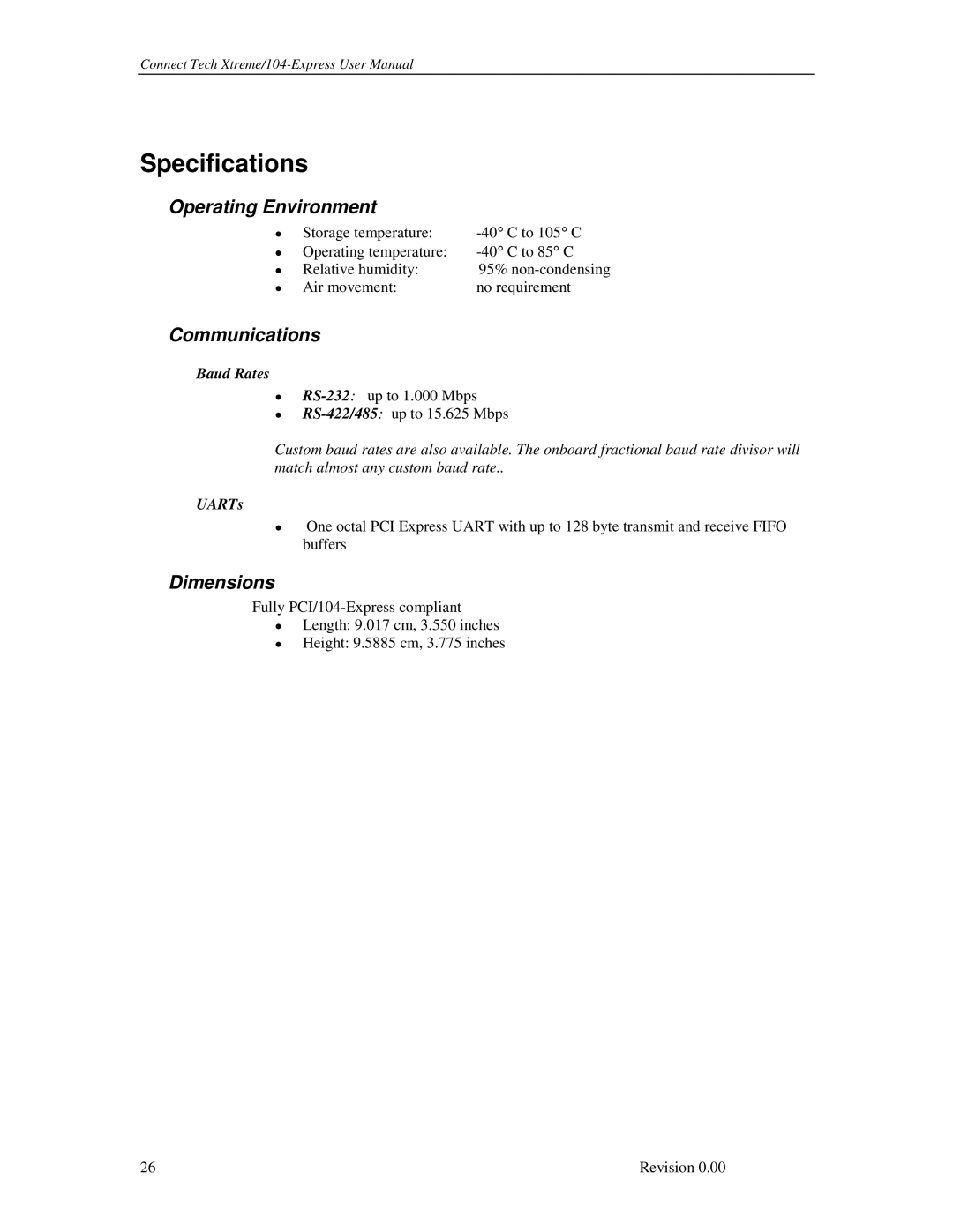 Connect Tech 104 user manual Specifications, Operating Environment, Communications, Dimensions 