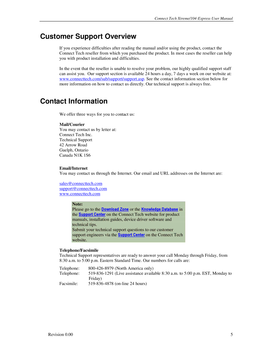 Connect Tech 104 user manual Customer Support Overview, Contact Information 