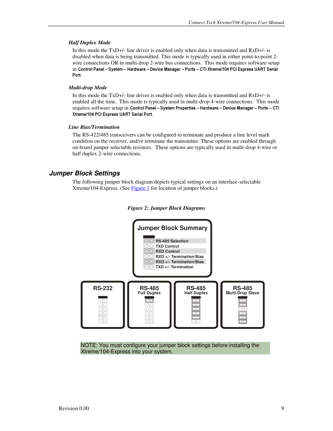 Connect Tech 104 user manual Jumper Block Settings, Half Duplex Mode, Multi-drop Mode, Line Bias/Termination 