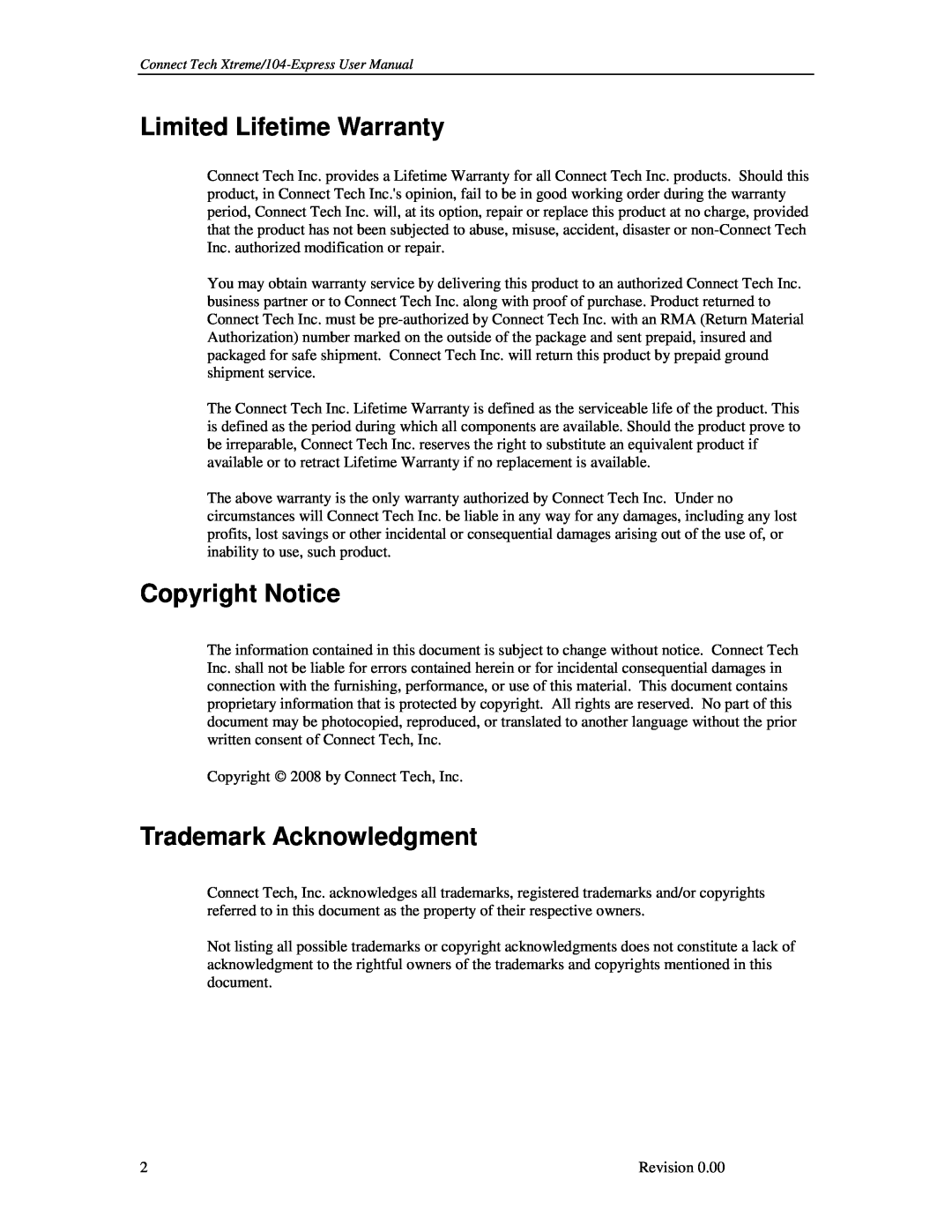 Connect Tech 104 user manual Limited Lifetime Warranty, Copyright Notice, Trademark Acknowledgment 