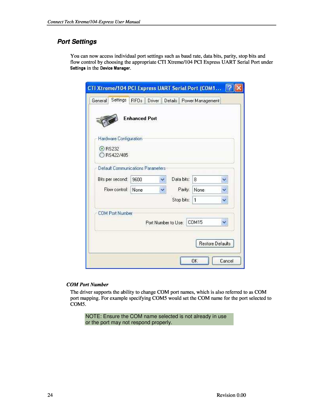 Connect Tech user manual Port Settings, COM Port Number, Connect Tech Xtreme/104-Express User Manual 