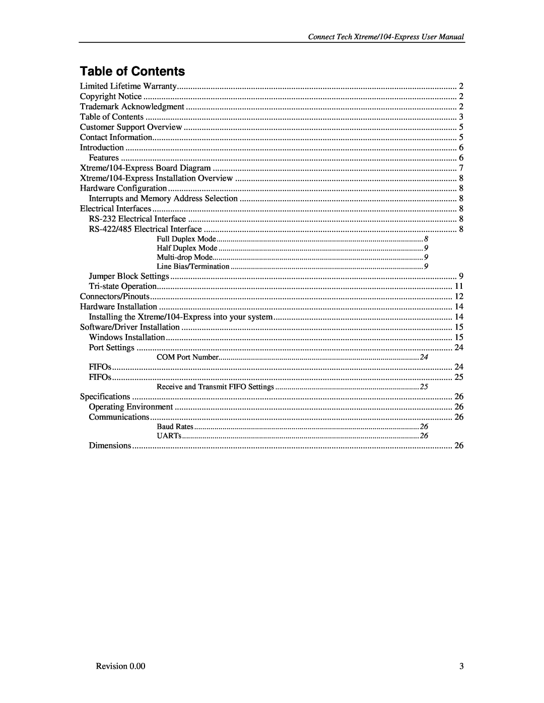 Connect Tech user manual Table of Contents, Connect Tech Xtreme/104-Express User Manual, FIFOs 