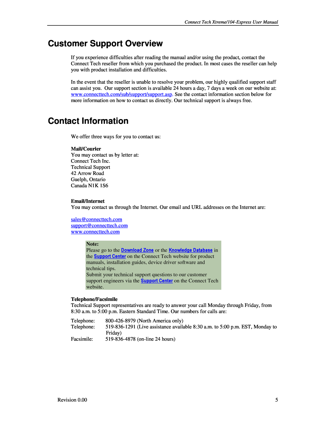 Connect Tech 104 Customer Support Overview, Contact Information, Mail/Courier, Email/Internet, Telephone/Facsimile 