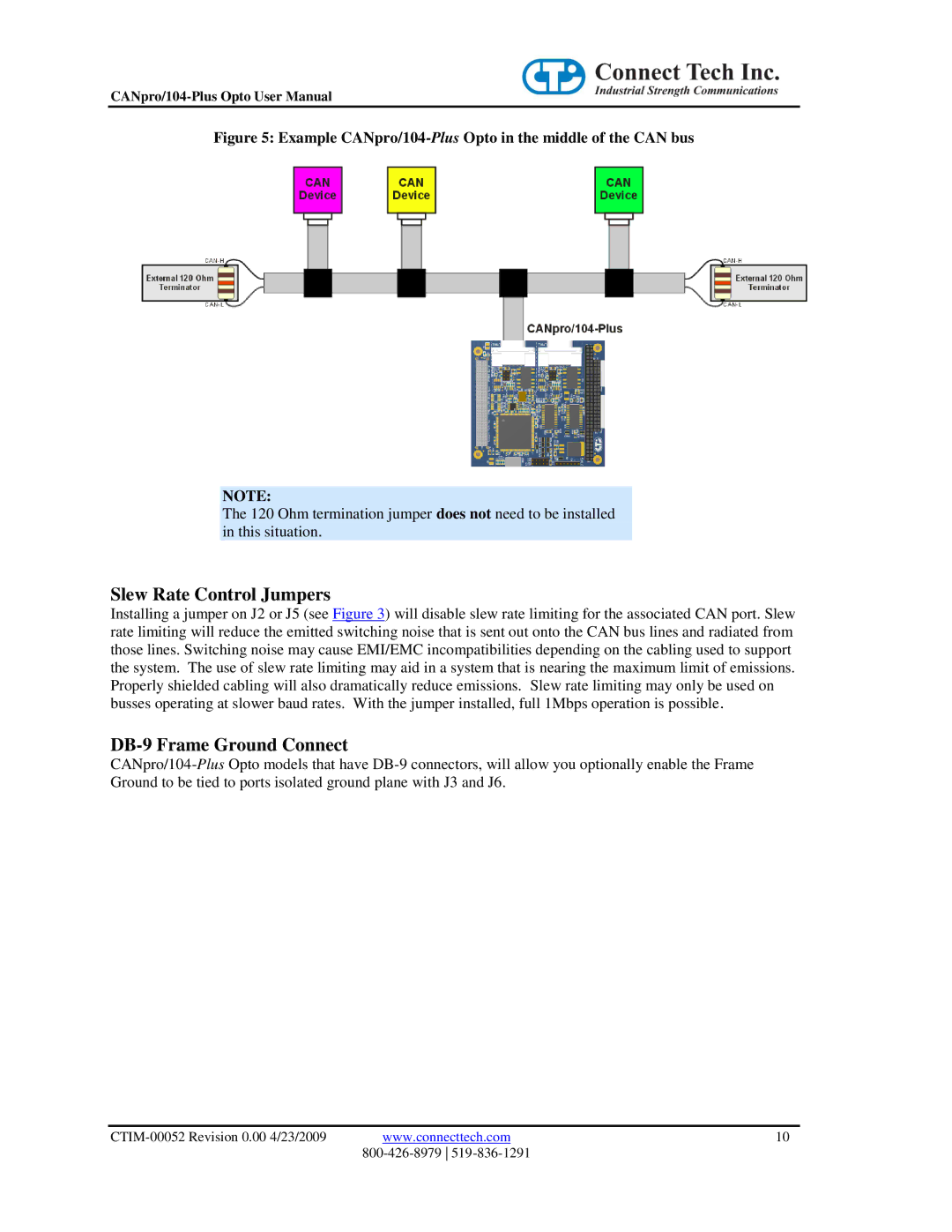 Connect Tech CANpro/104-Plus user manual Slew Rate Control Jumpers, DB-9 Frame Ground Connect 