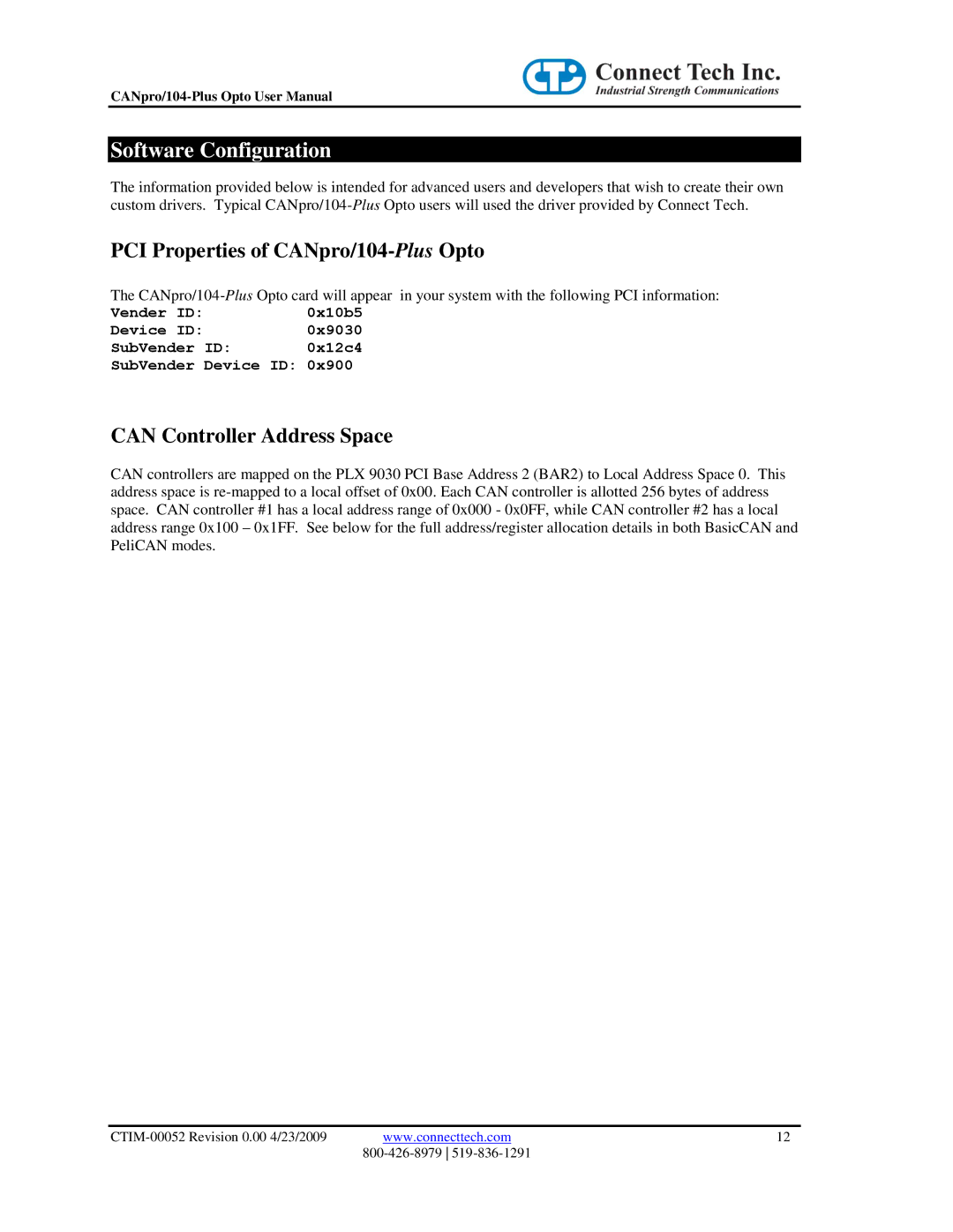 Connect Tech user manual Software Configuration, PCI Properties of CANpro/104-PlusOpto, Can Controller Address Space 