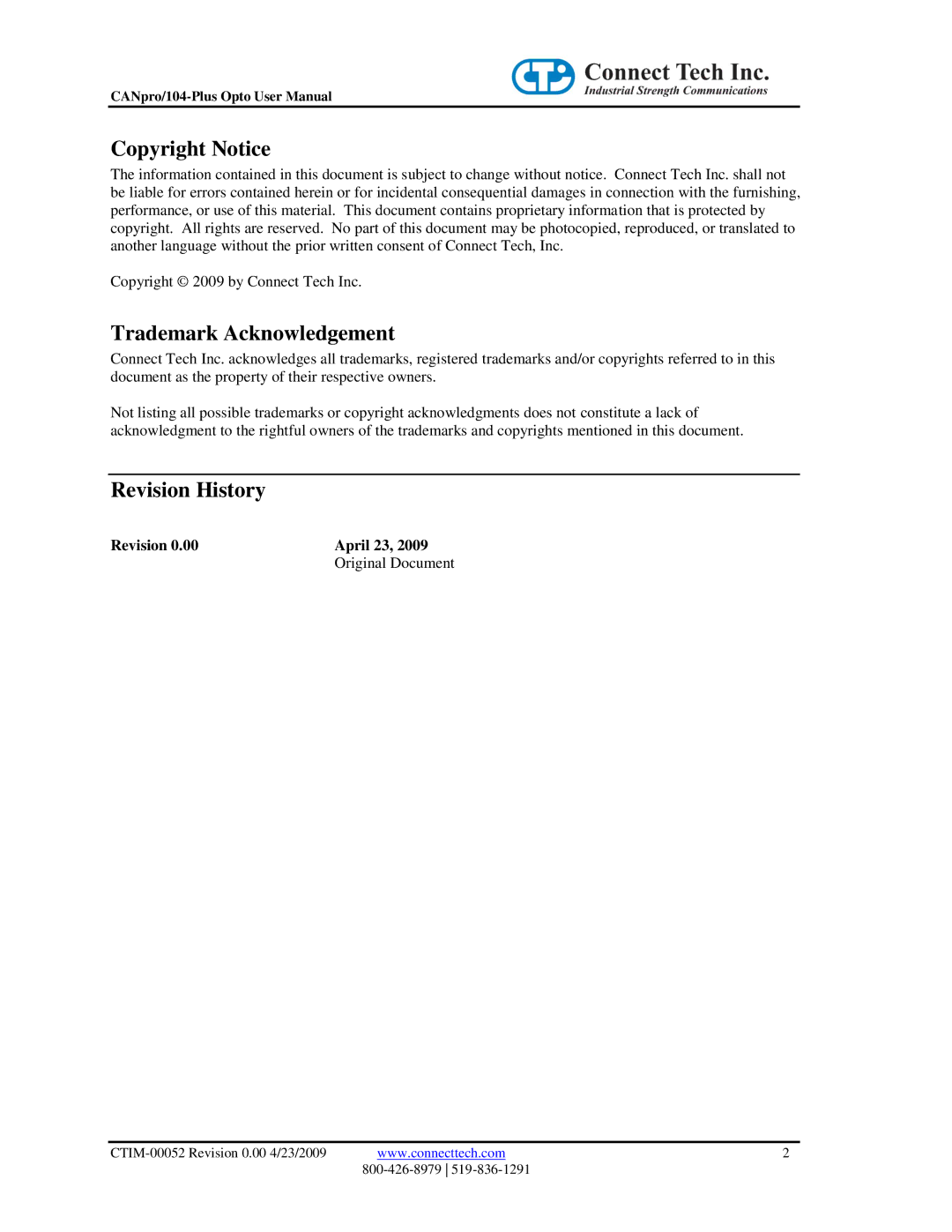 Connect Tech CANpro/104-Plus user manual Copyright Notice, Revision April 23 Original Document 