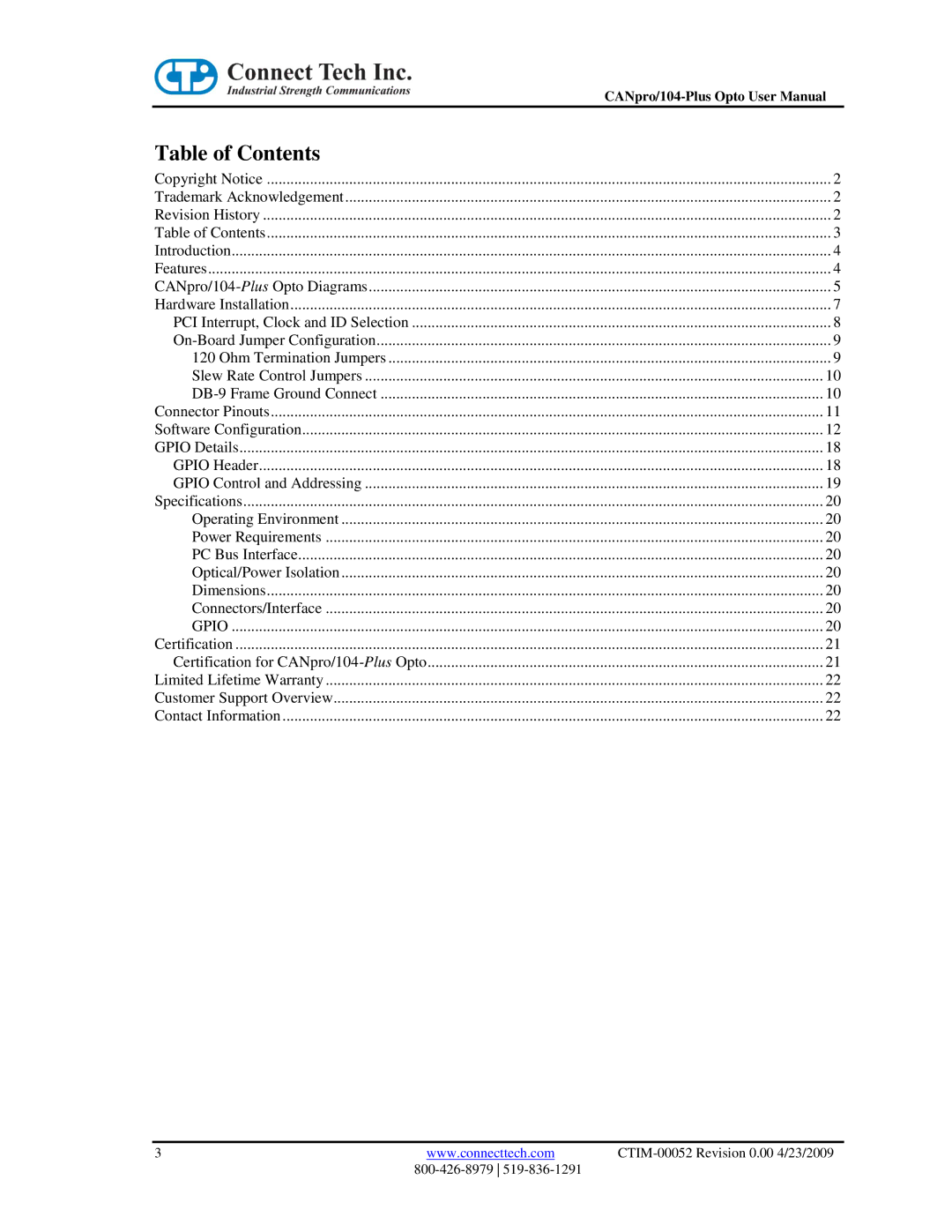 Connect Tech CANpro/104-Plus user manual Table of Contents 