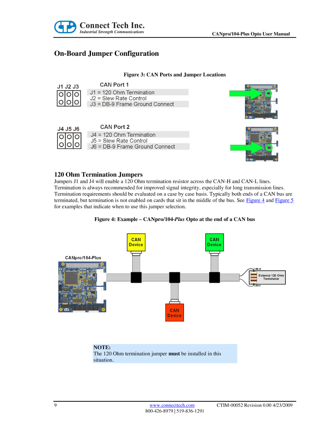 Connect Tech CANpro/104-Plus user manual On-Board Jumper Configuration, Ohm Termination Jumpers 