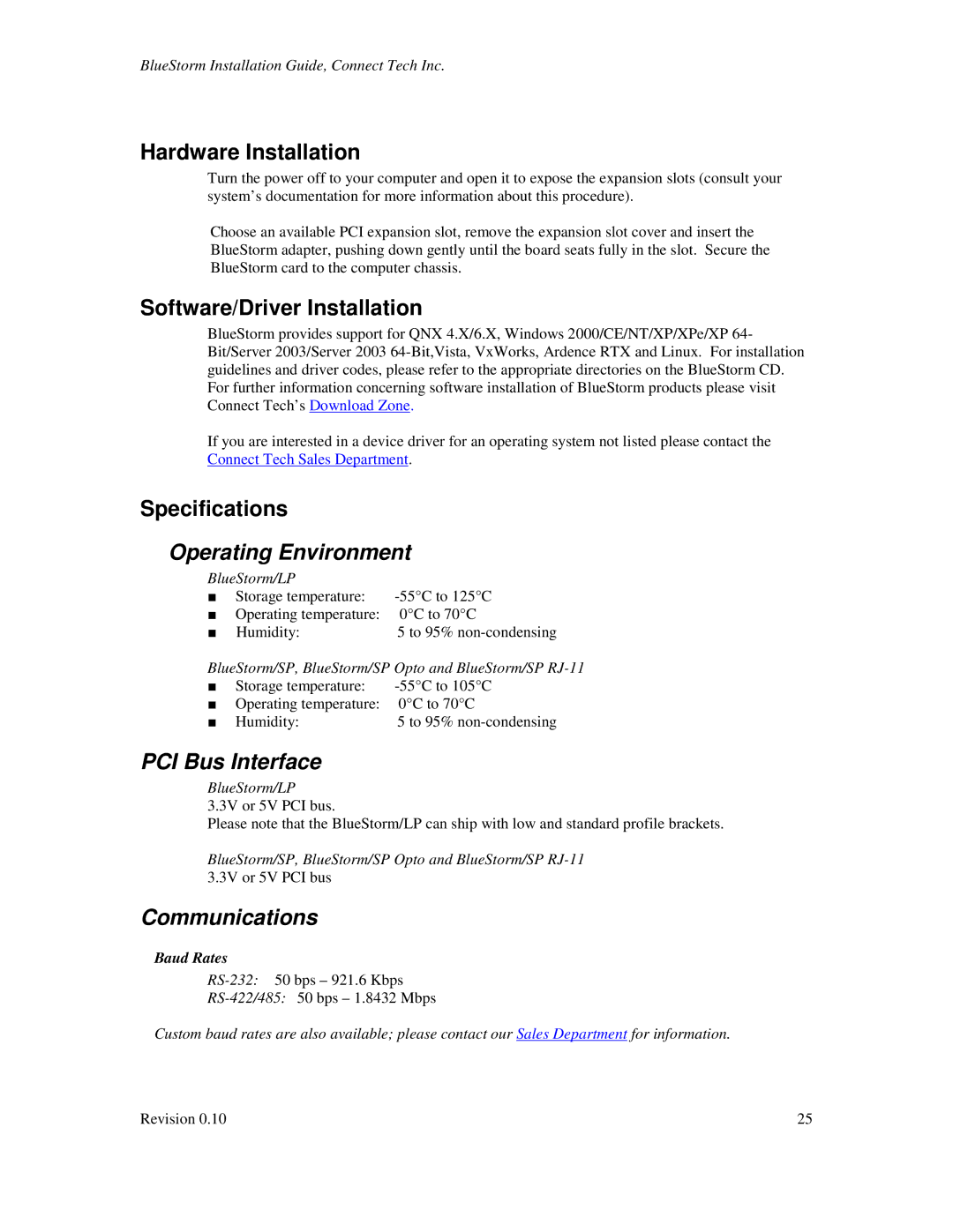 Connect Tech BlueStorm Universal PCI Hardware Installation, Software/Driver Installation, Specifications, Baud Rates 