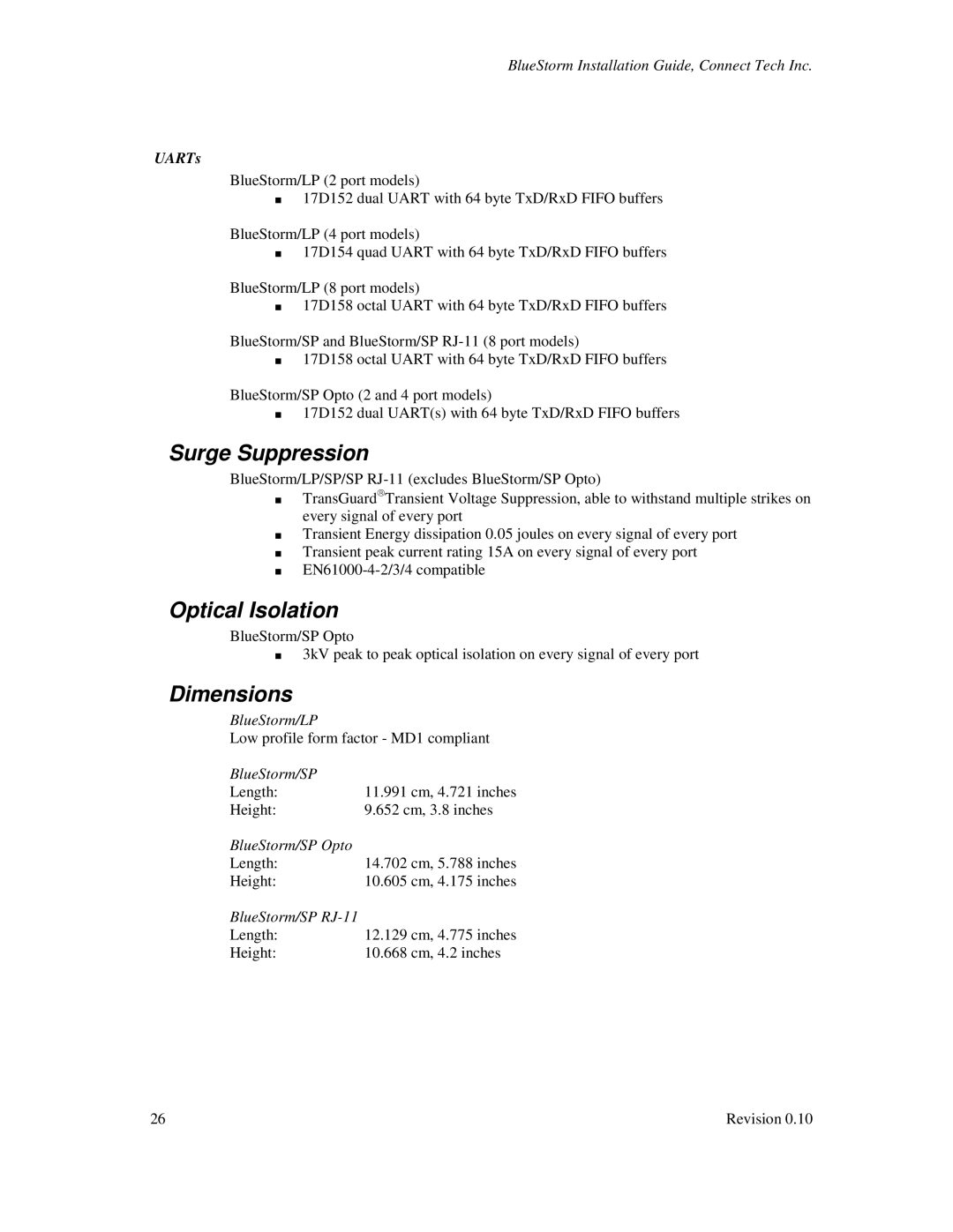 Connect Tech CTIM-00015, BlueStorm Universal PCI user manual Surge Suppression, UARTs 