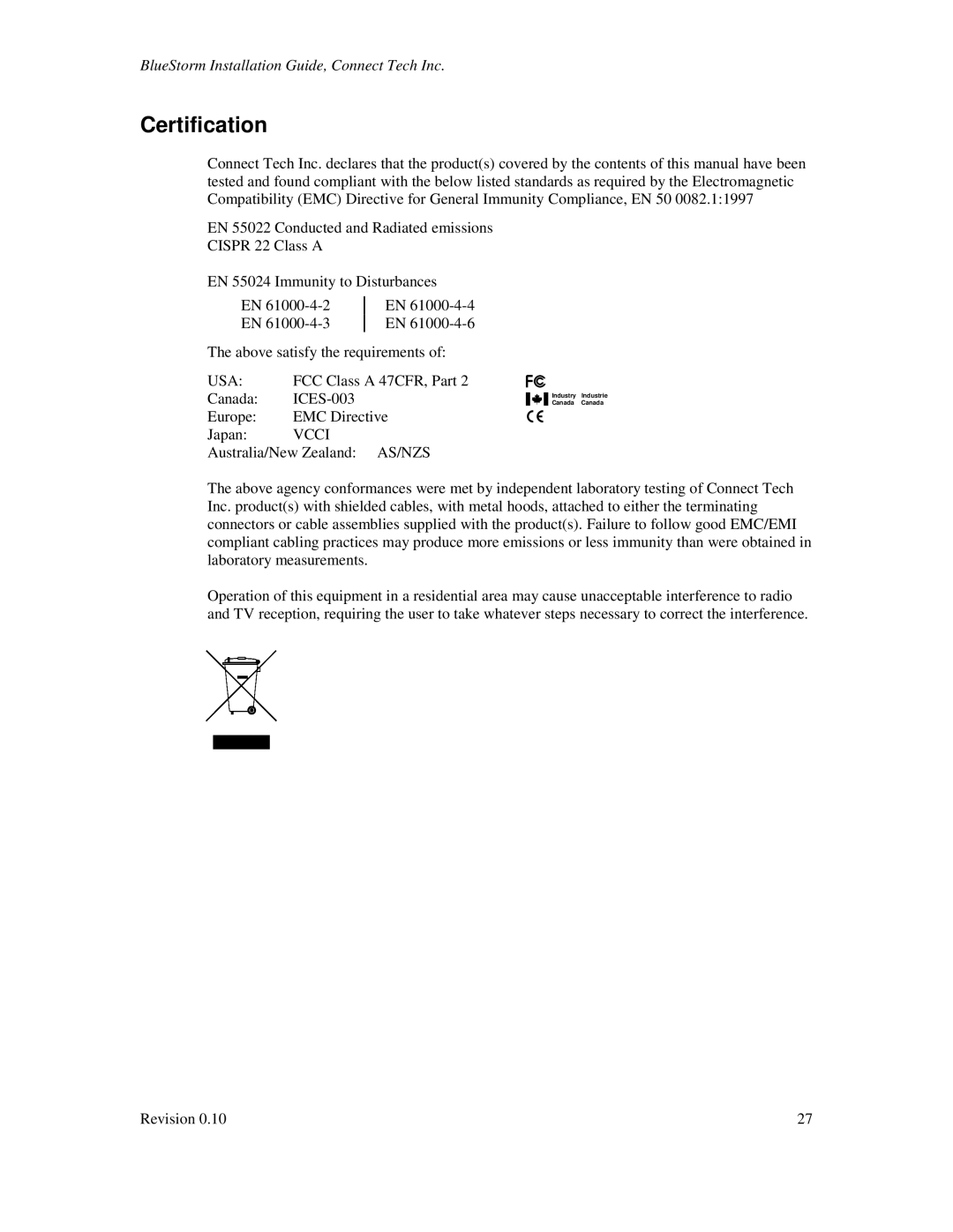 Connect Tech BlueStorm Universal PCI, CTIM-00015 user manual Certification, Vcci 