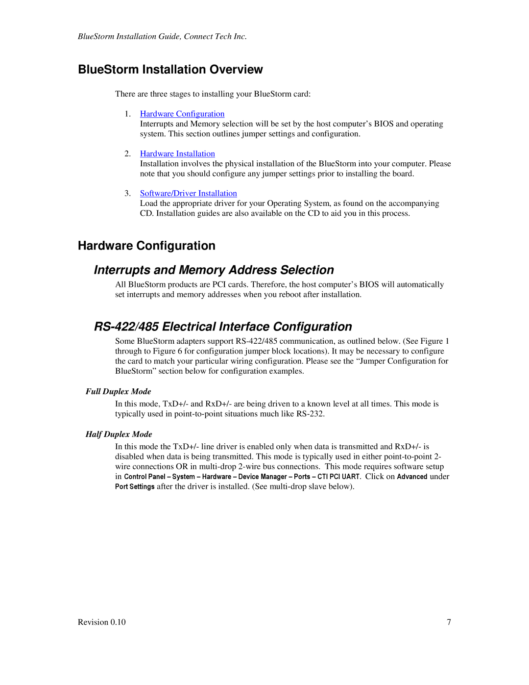 Connect Tech BlueStorm Universal PCI, CTIM-00015 BlueStorm Installation Overview, Hardware Configuration, Full Duplex Mode 