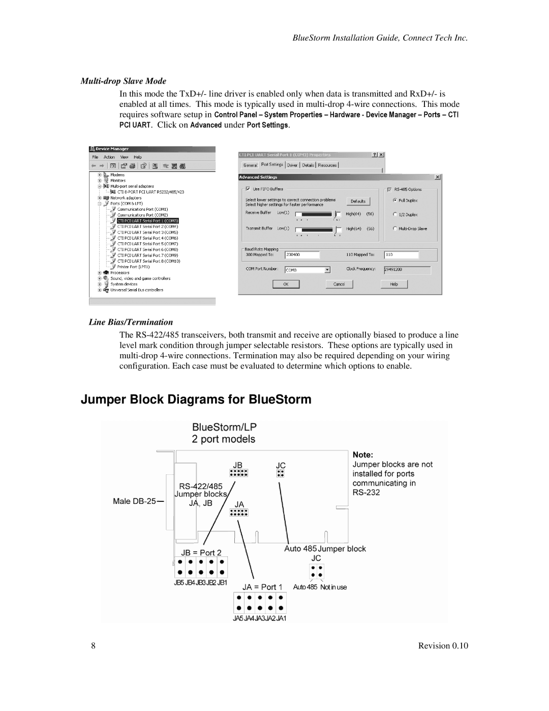 Connect Tech CTIM-00015 user manual Jumper Block Diagrams for BlueStorm, Multi-drop Slave Mode, Line Bias/Termination 