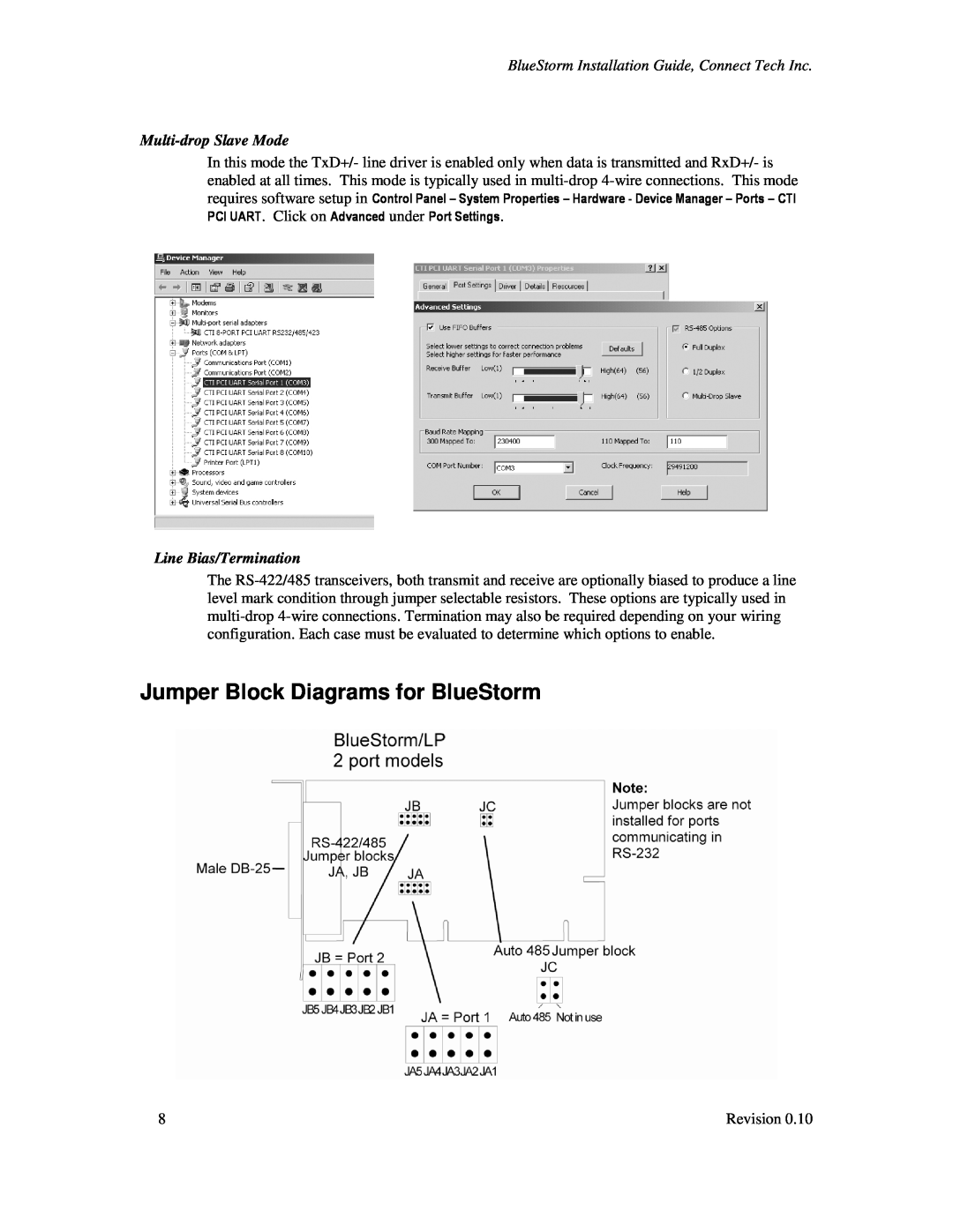 Connect Tech CTIM-00015 user manual Jumper Block Diagrams for BlueStorm, Multi-drop Slave Mode, Line Bias/Termination 