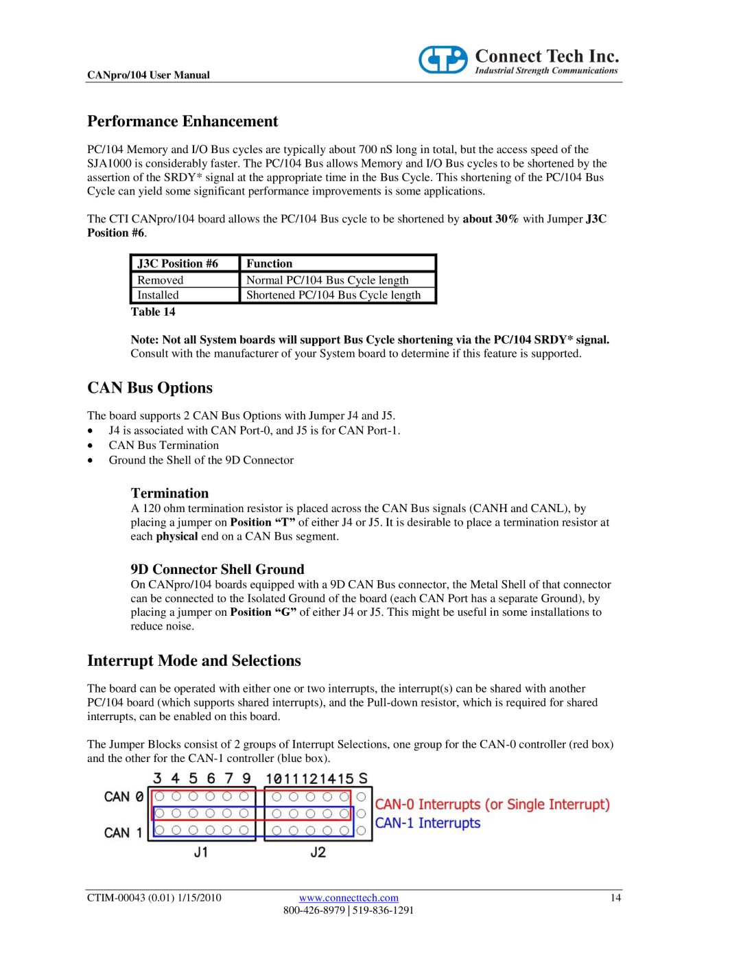 Connect Tech CTIM-00043 user manual Performance Enhancement, Can Bus Options, Interrupt Mode and Selections, Termination 