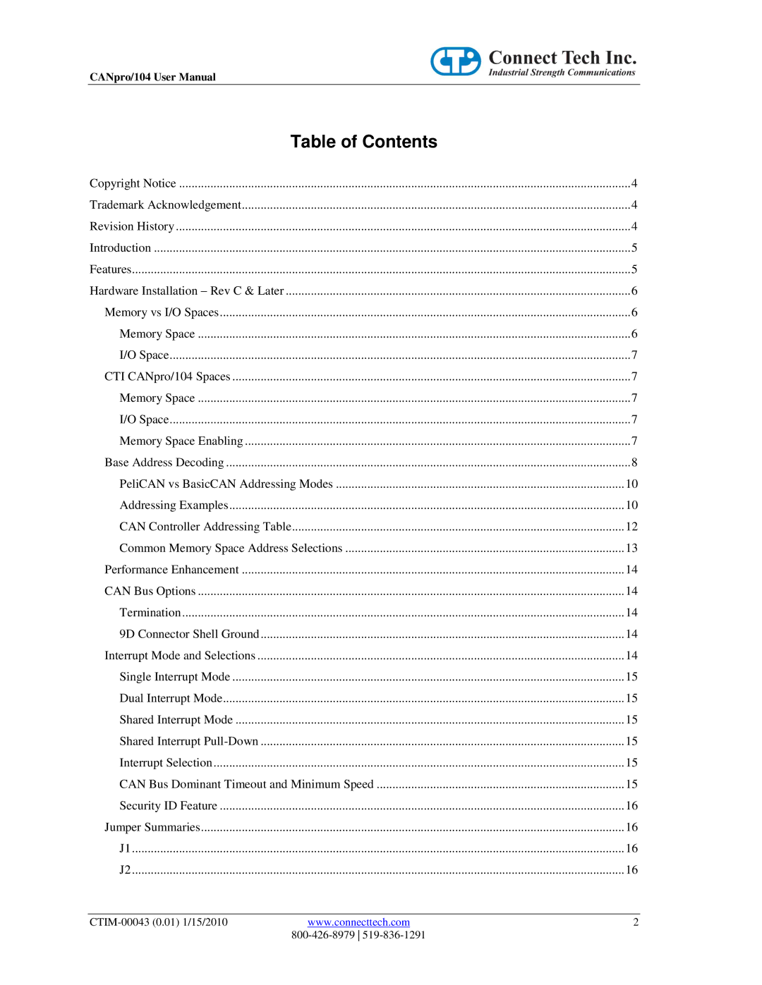 Connect Tech CTIM-00043 user manual Table of Contents 