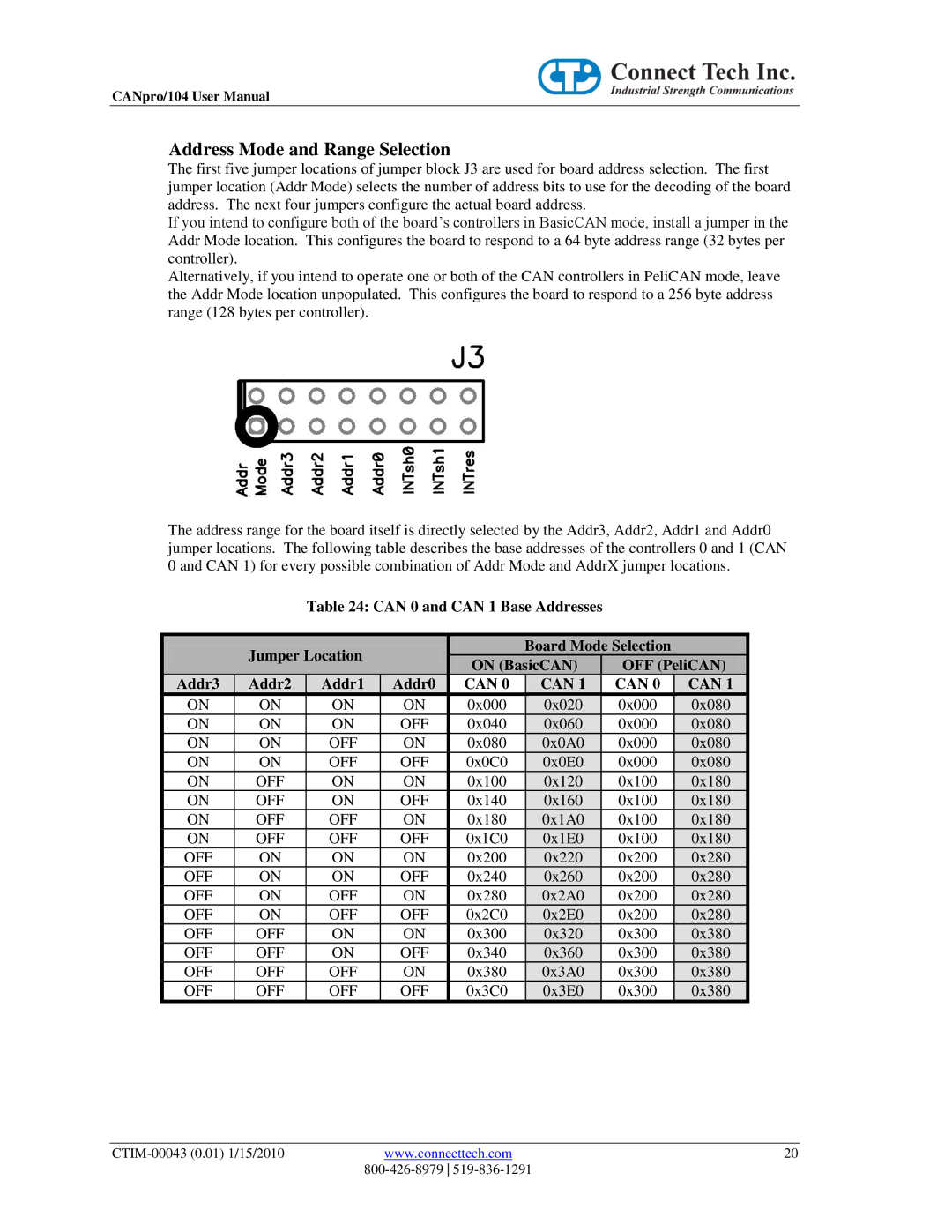 Connect Tech CTIM-00043 user manual Address Mode and Range Selection, Can 