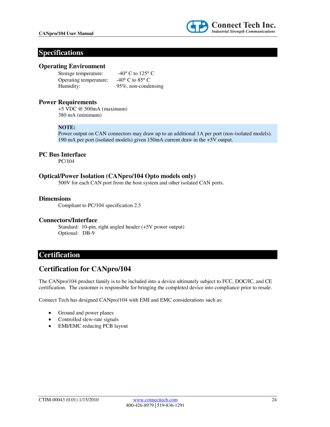 Connect Tech CTIM-00043 user manual Specifications, Certification for CANpro/104 