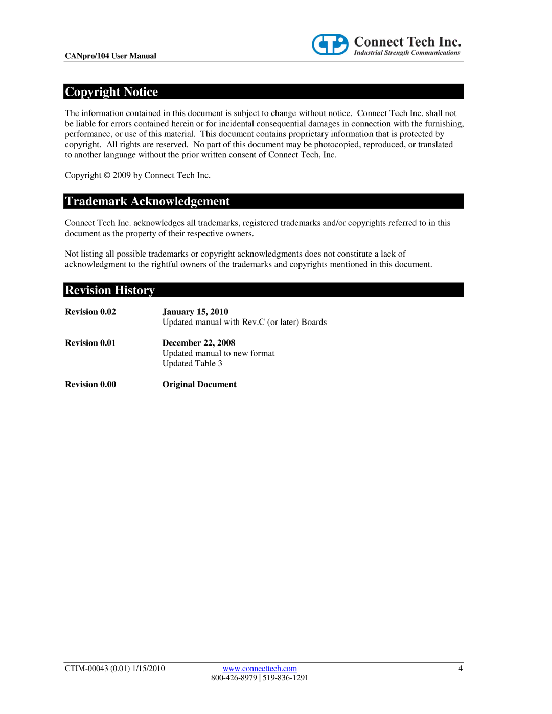 Connect Tech CTIM-00043 user manual Copyright Notice, Trademark Acknowledgement, Revision History 