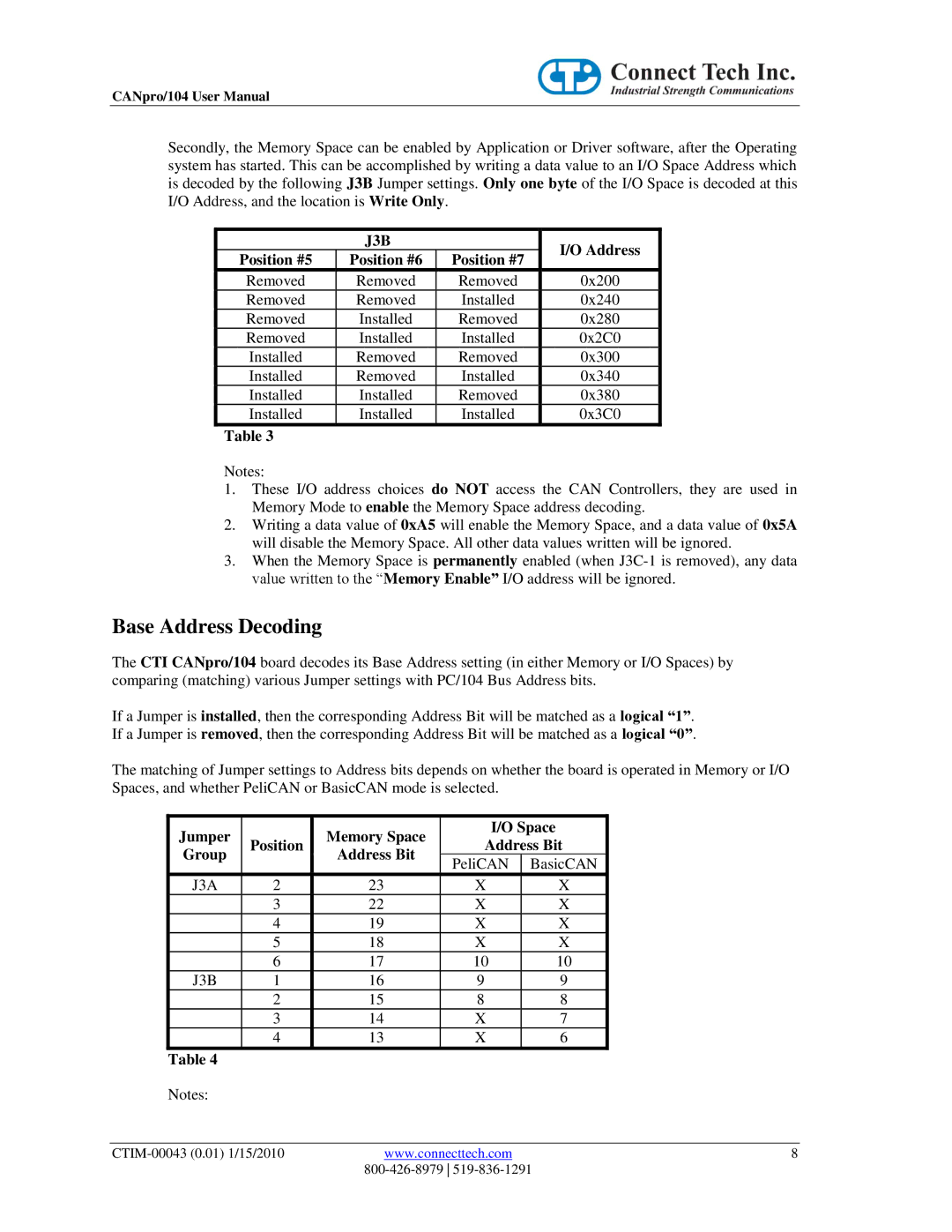 Connect Tech CTIM-00043 user manual Base Address Decoding, Position #5 Position #6 Position #7 