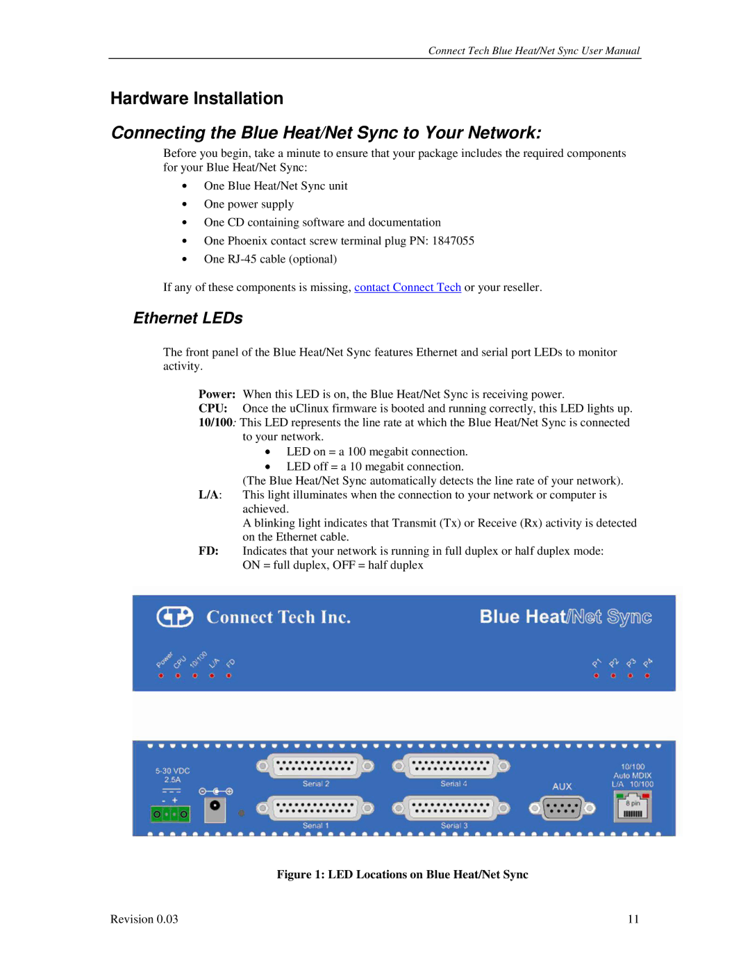 Connect Tech CTIM-00044 user manual Connecting the Blue Heat/Net Sync to Your Network, Ethernet LEDs 