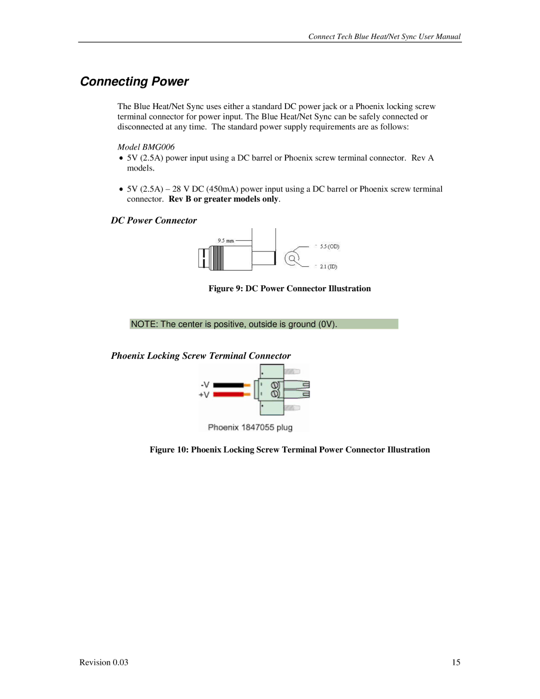 Connect Tech CTIM-00044 user manual Connecting Power, DC Power Connector, Phoenix Locking Screw Terminal Connector 