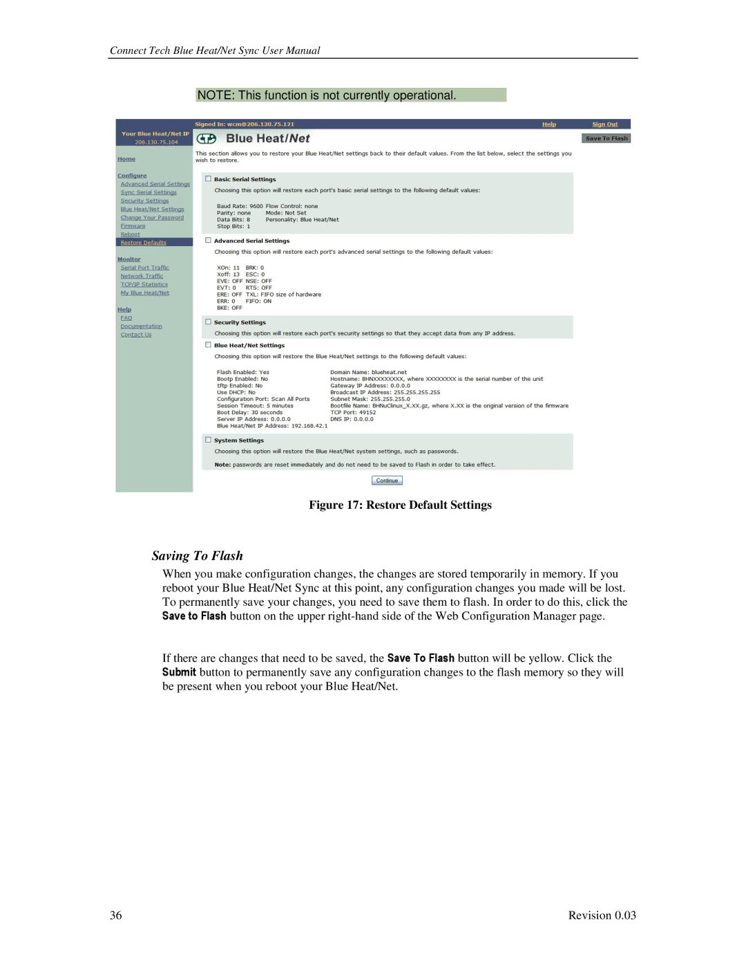 Connect Tech CTIM-00044 user manual Saving To Flash, Restore Default Settings 