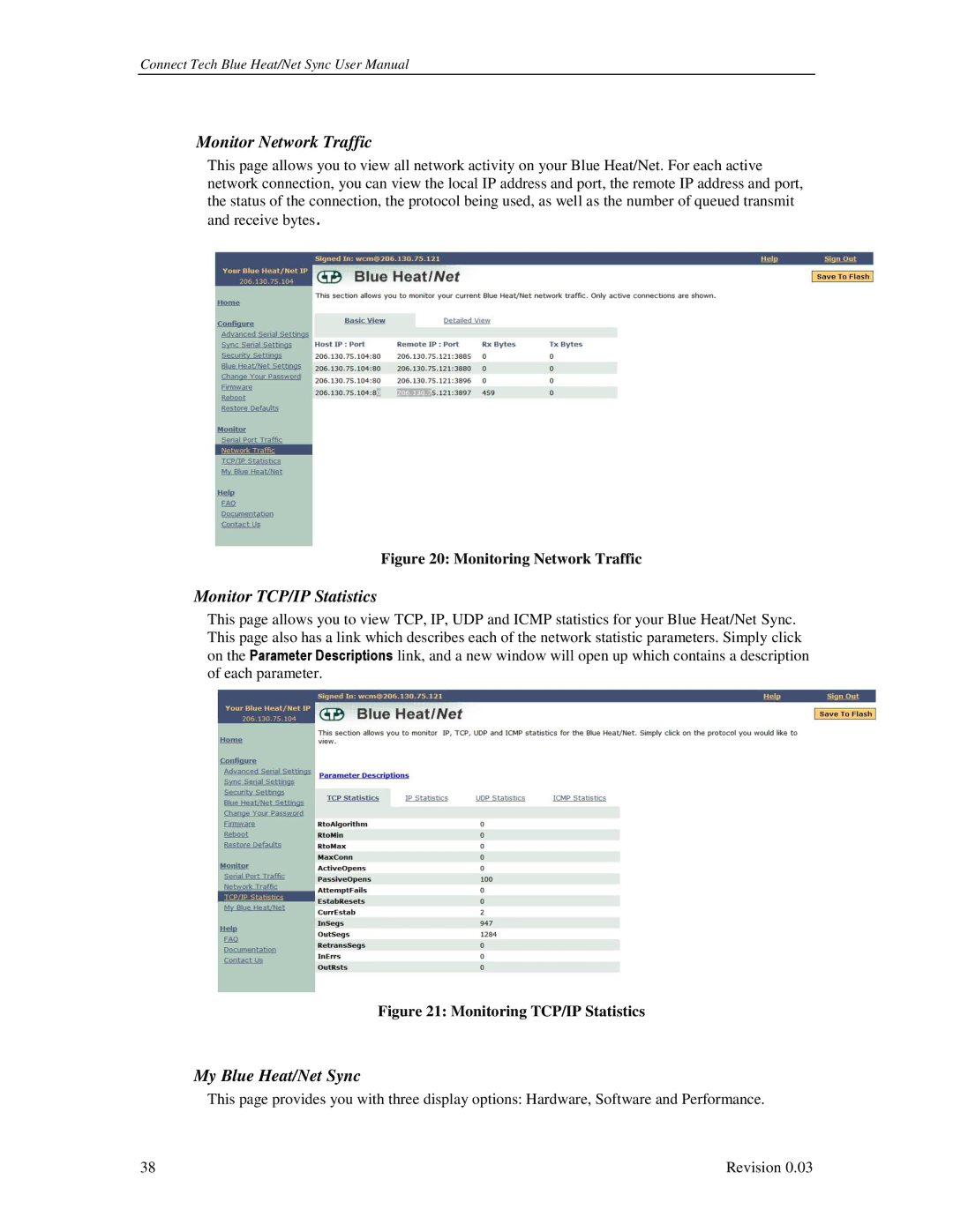 Connect Tech CTIM-00044 user manual Monitor Network Traffic, Monitor TCP/IP Statistics, My Blue Heat/Net Sync 