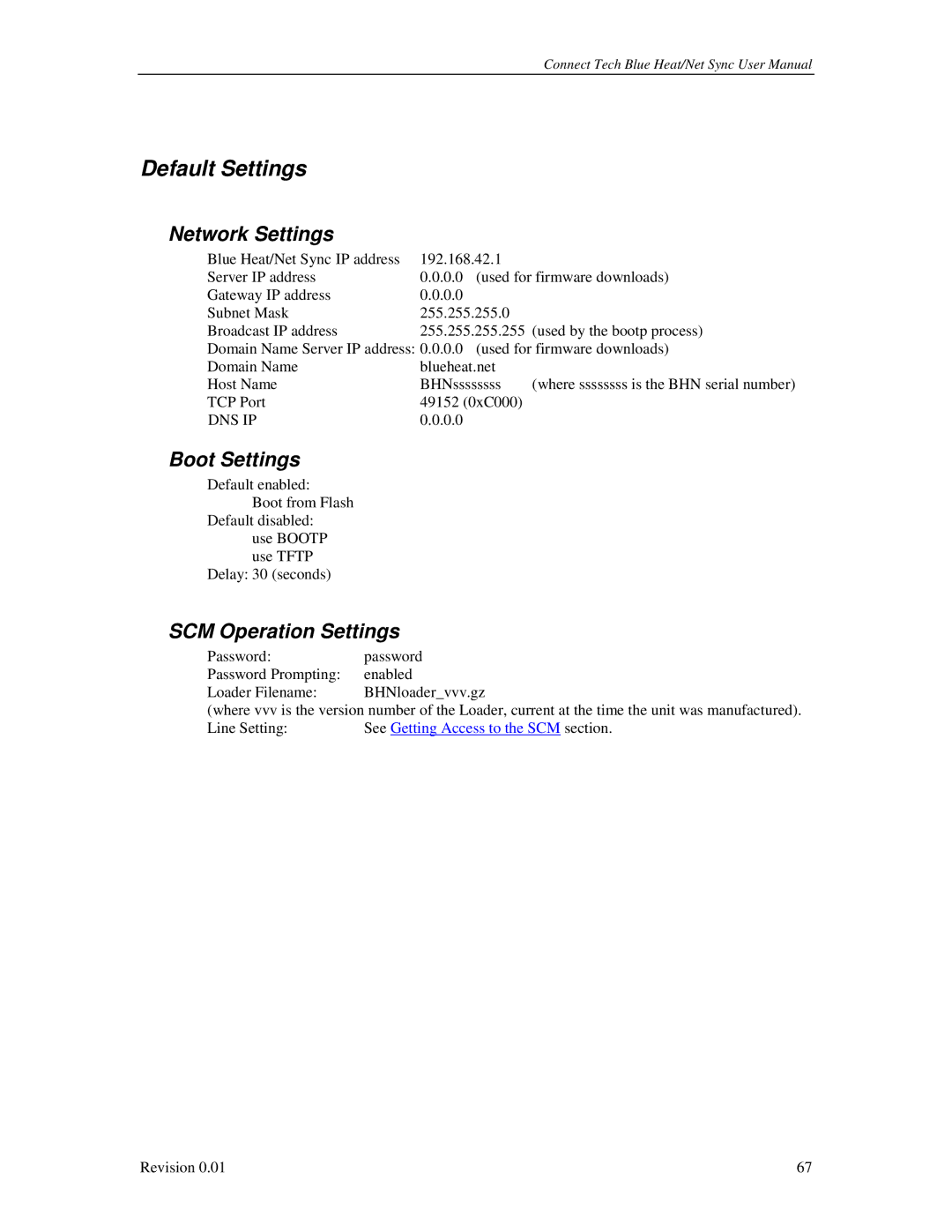 Connect Tech CTIM-00044 user manual Default Settings, Network Settings, Boot Settings, SCM Operation Settings 