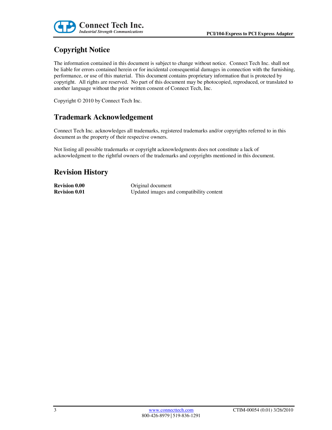 Connect Tech CTIM-00054 user manual Copyright Notice, Trademark Acknowledgement, Revision History 