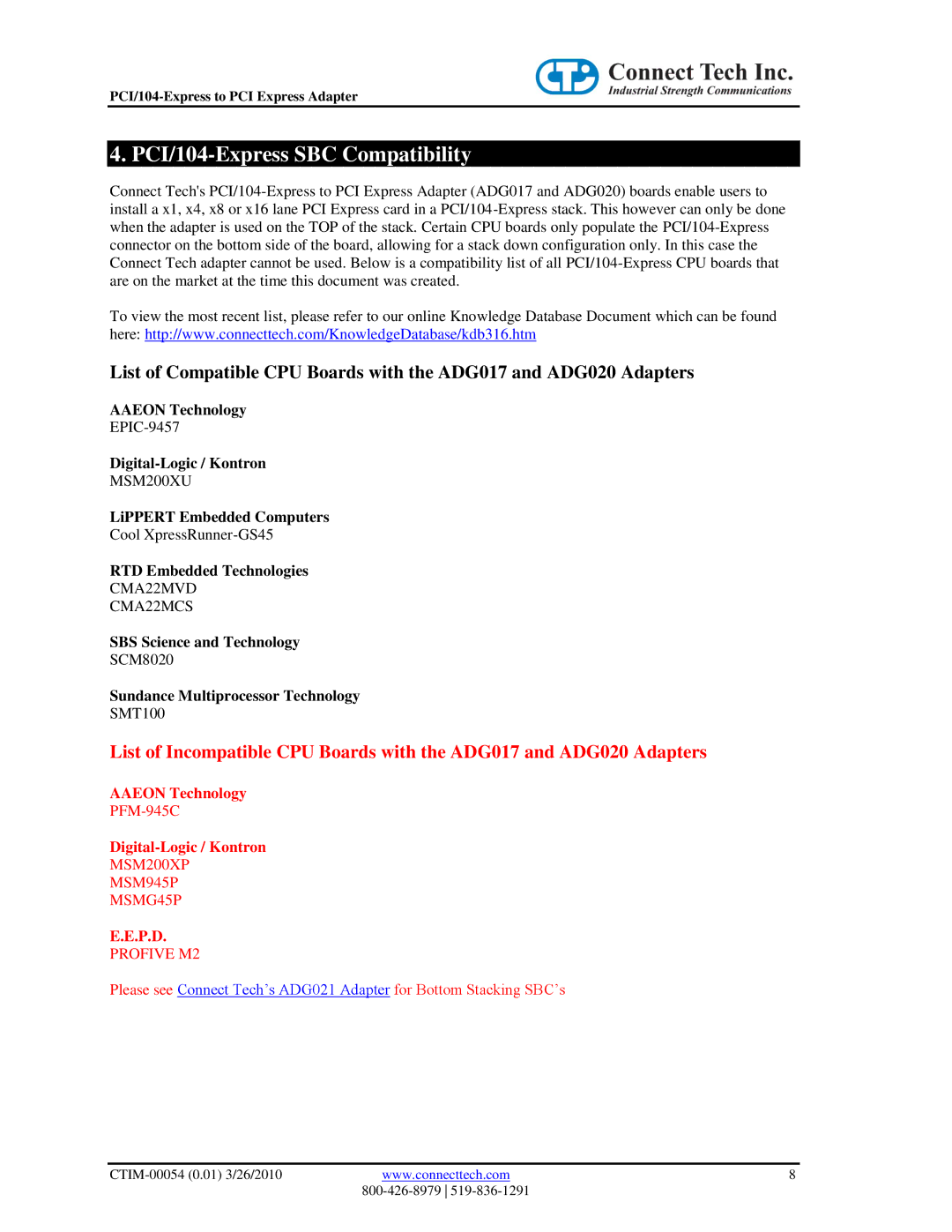 Connect Tech CTIM-00054 user manual PCI/104-Express SBC Compatibility, P.D 