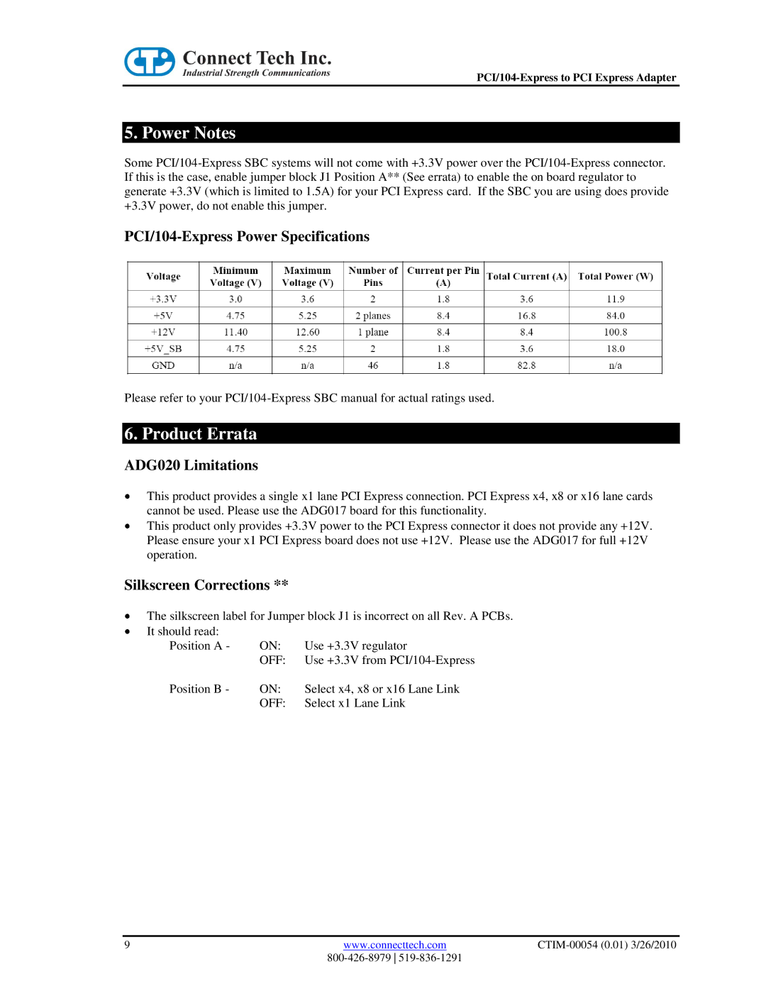 Connect Tech CTIM-00054 user manual Power Notes, Product Errata 