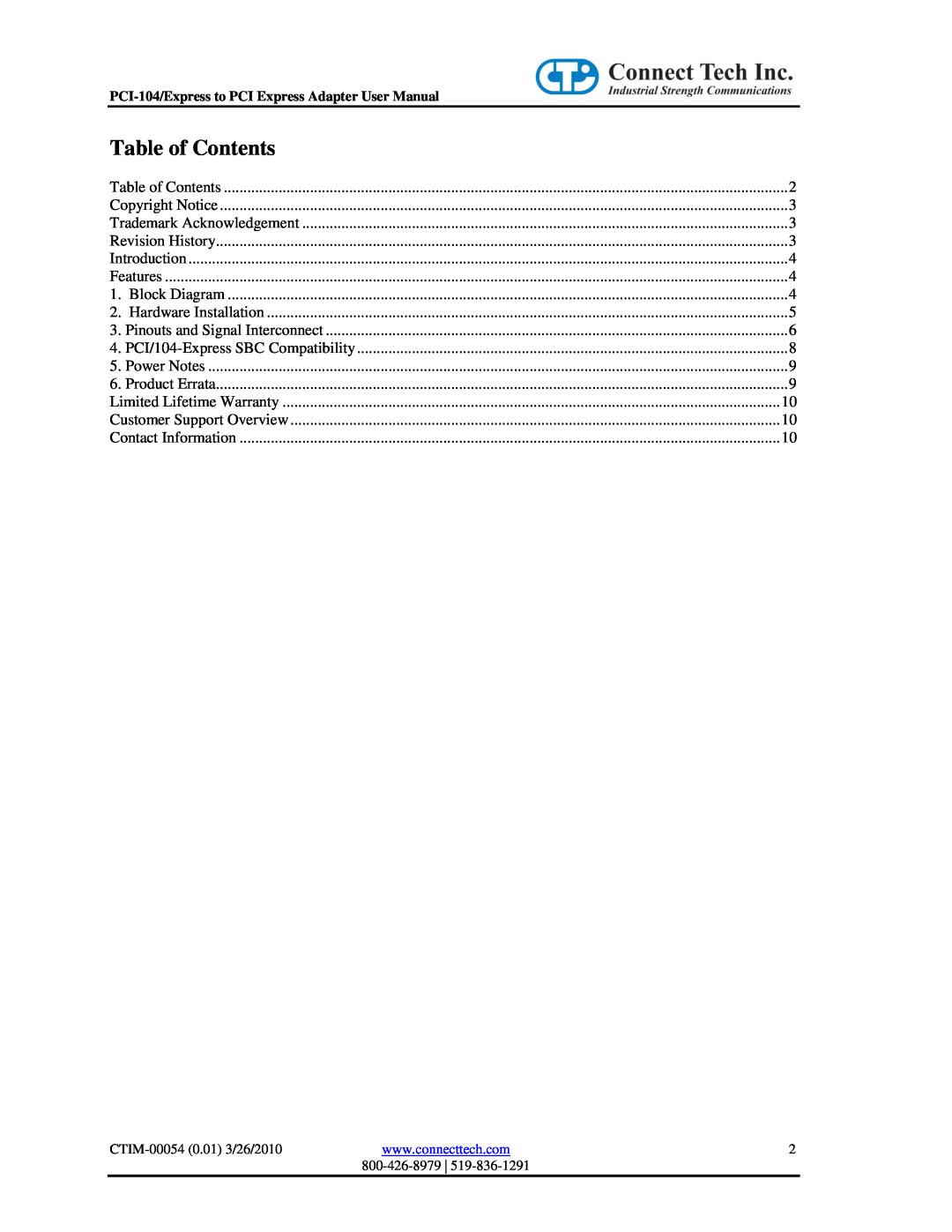 Connect Tech CTIM-00054 user manual Table of Contents 