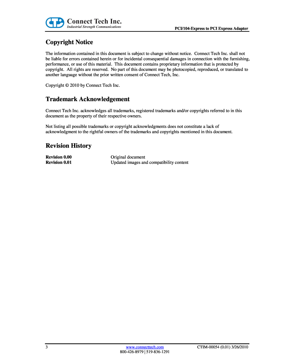 Connect Tech CTIM-00054 user manual Copyright Notice, Trademark Acknowledgement, Revision History, Original document 