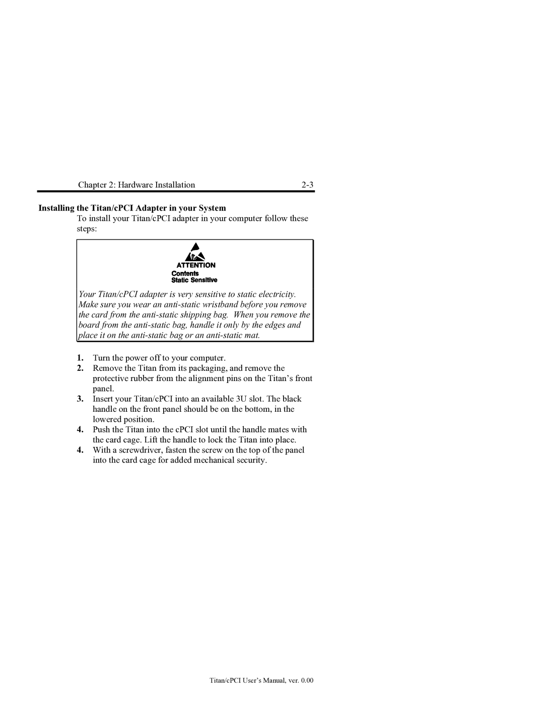 Connect Tech JB1, JB0, JB2, JB3 user manual Installing the Titan/cPCI Adapter in your System 