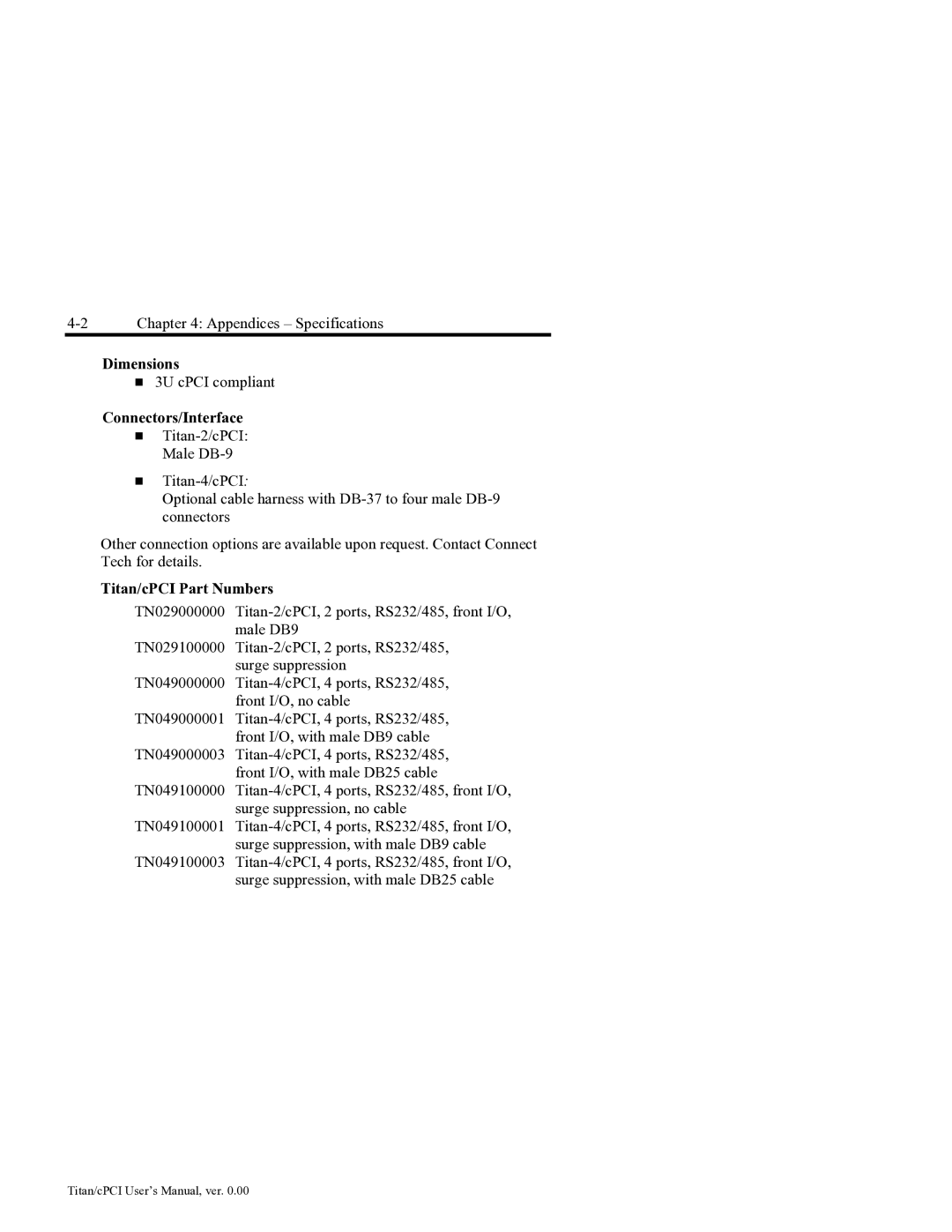 Connect Tech JB2, JB0, JB1, JB3 user manual Dimensions, Connectors/Interface, Titan/cPCI Part Numbers 