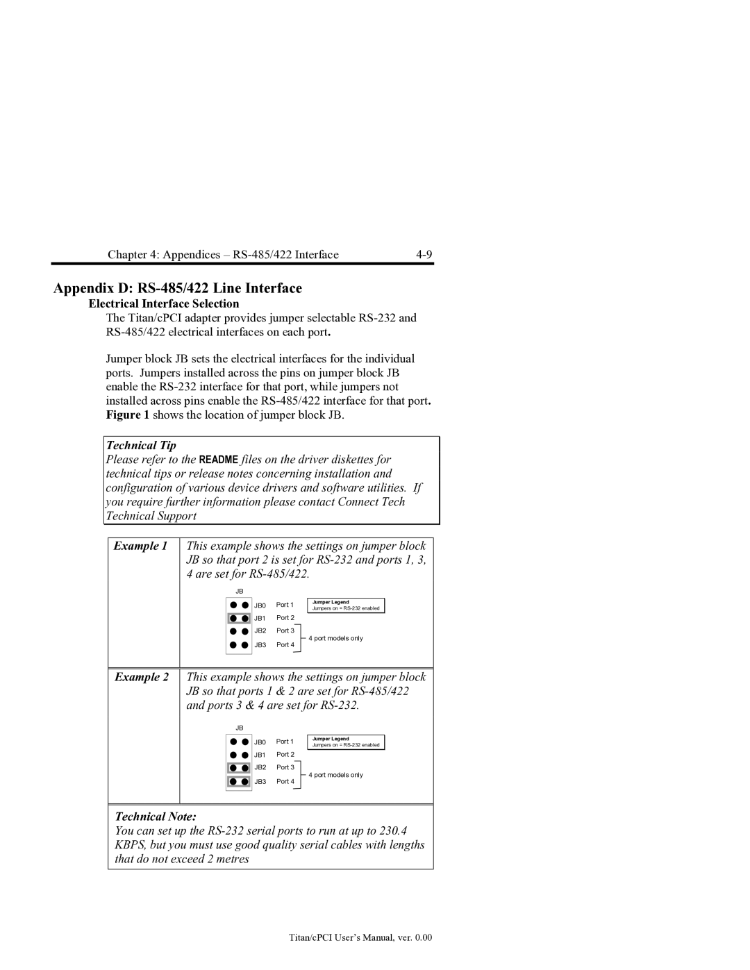 Connect Tech JB1, JB0, JB2, JB3 user manual Appendix D RS-485/422 Line Interface, Electrical Interface Selection 