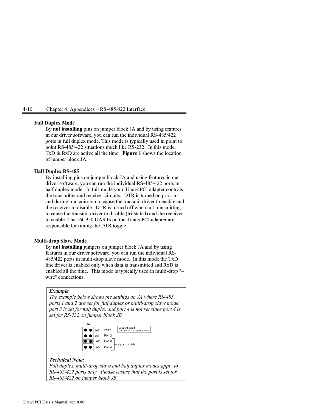 Connect Tech JB2, JB0, JB1, JB3 user manual Full Duplex Mode, Half Duplex RS-485 