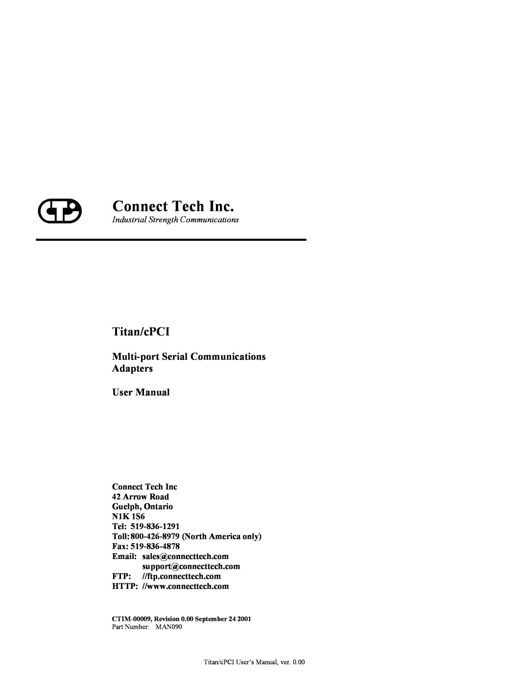 Connect Tech JB1 user manual Multi-port Serial Communications Adapters User Manual, FTP //ftp.connecttech.com, Titan/cPCI 