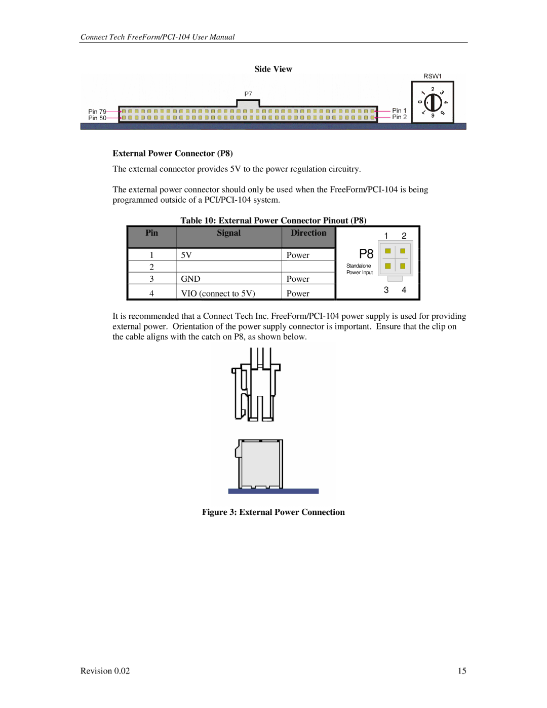 Connect Tech PCI-104 user manual Side View External Power Connector P8, External Power Connector Pinout P8 Signal Direction 