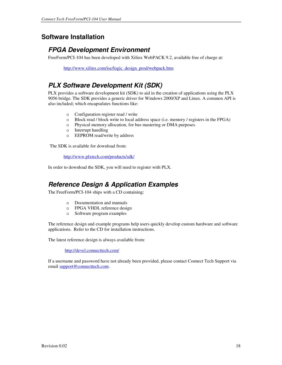 Connect Tech PCI-104 user manual Software Installation, Fpga Development Environment, PLX Software Development Kit SDK 