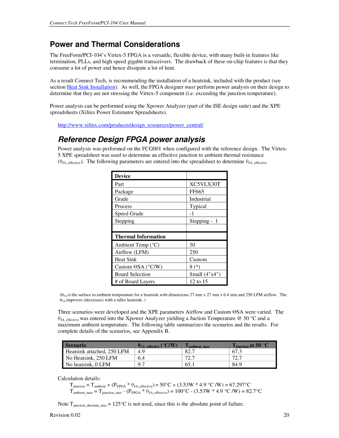 Connect Tech PCI-104 user manual Power and Thermal Considerations, Reference Design Fpga power analysis 