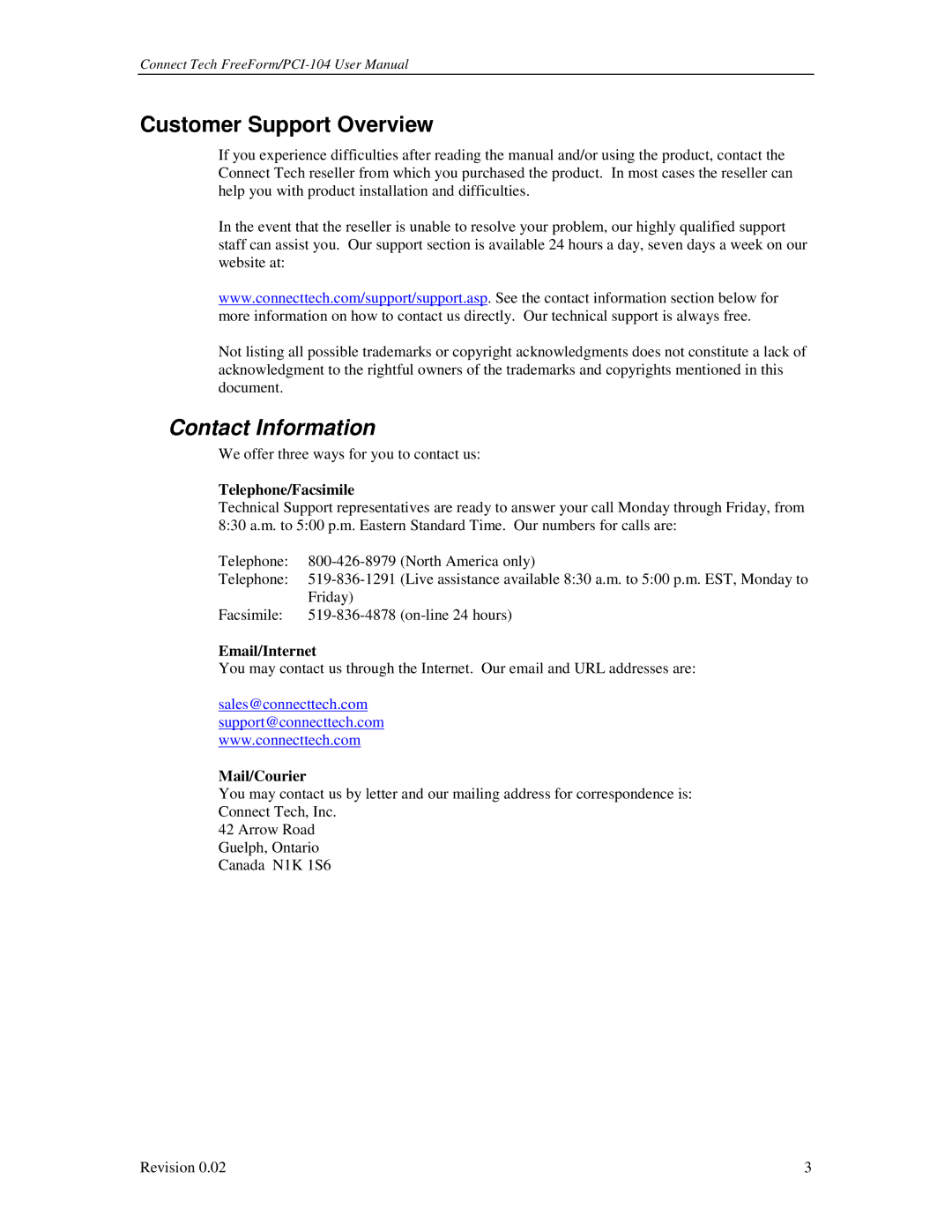 Connect Tech PCI-104 Customer Support Overview, Contact Information, Telephone/Facsimile, Email/Internet, Mail/Courier 