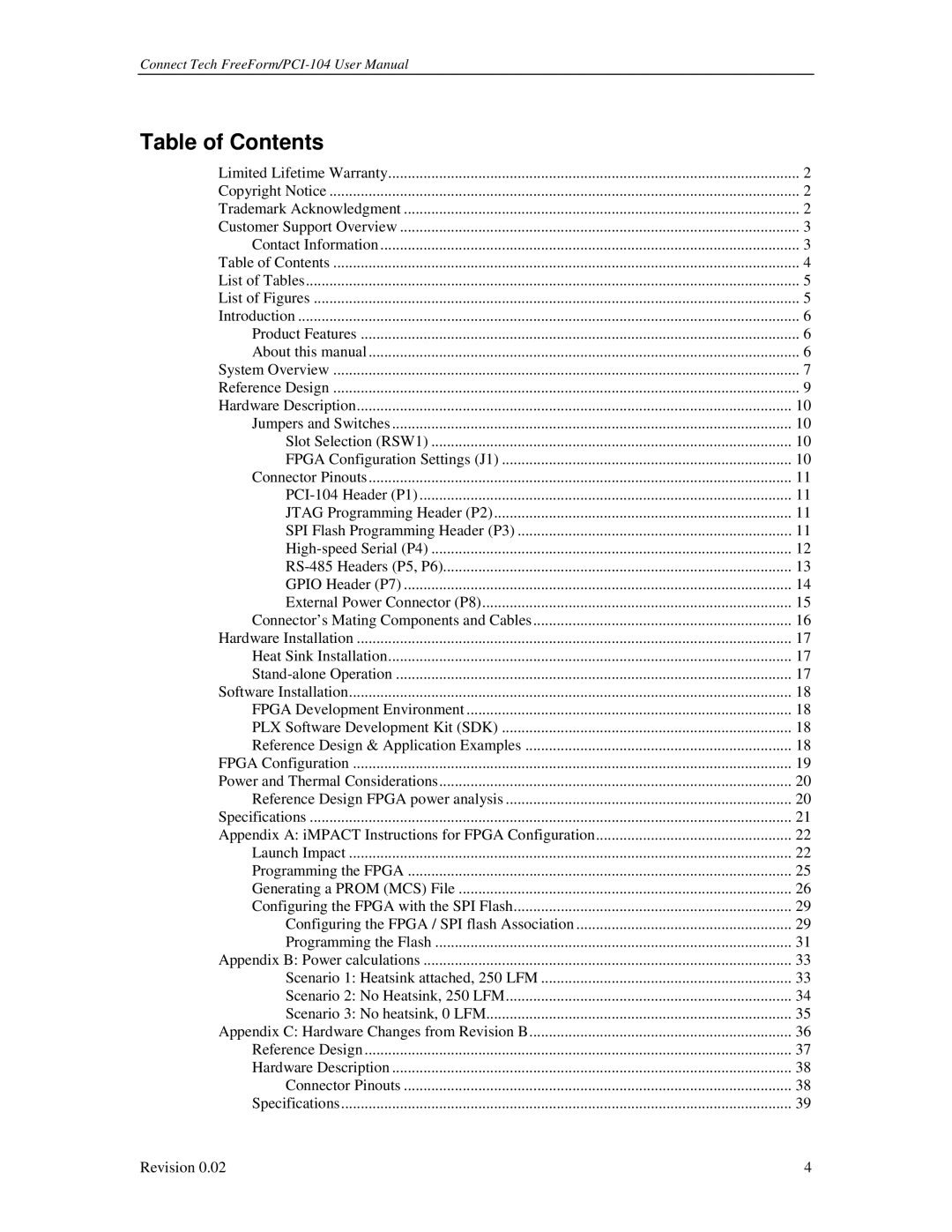 Connect Tech PCI-104 user manual Table of Contents 